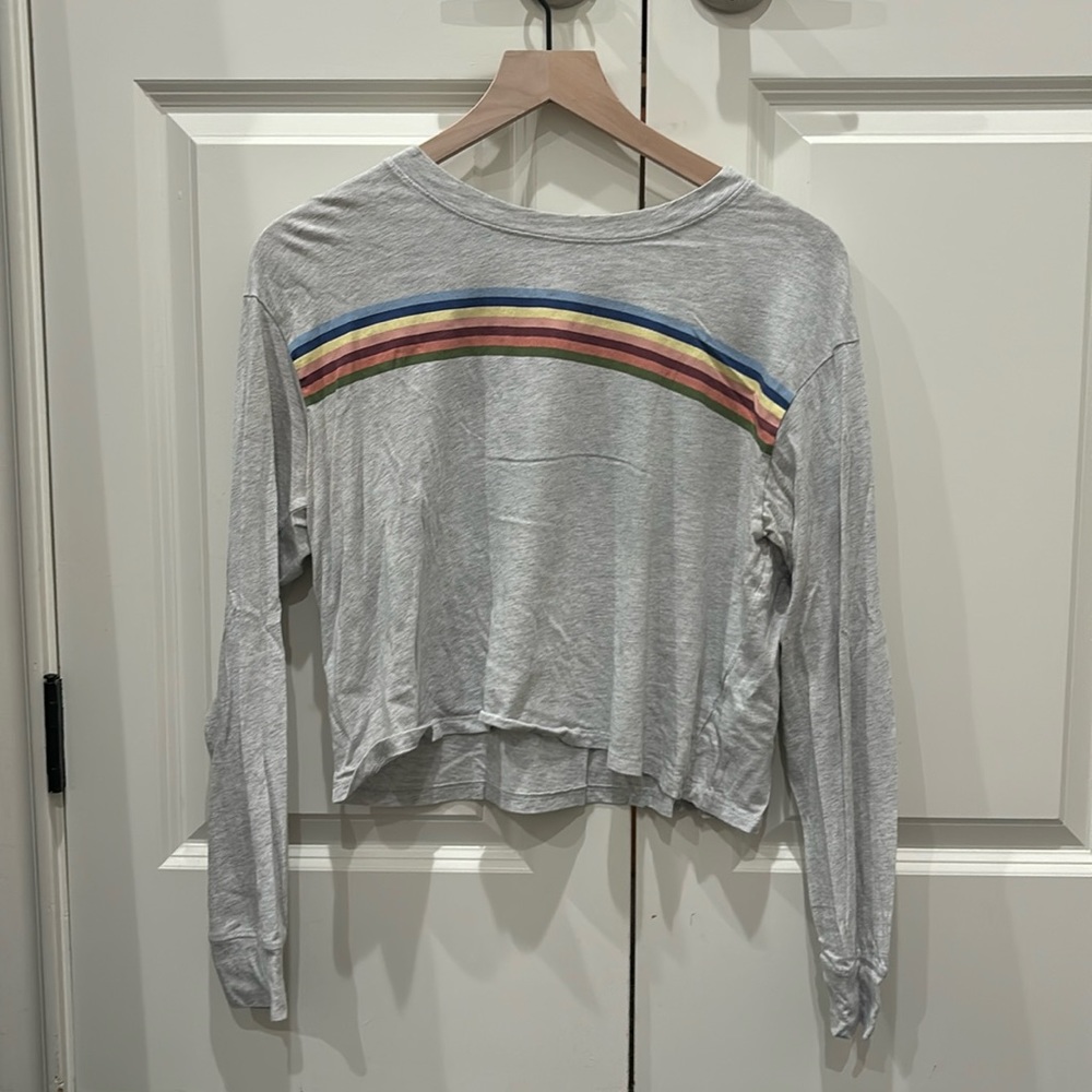Grey long sleeve crop top with rainbow design